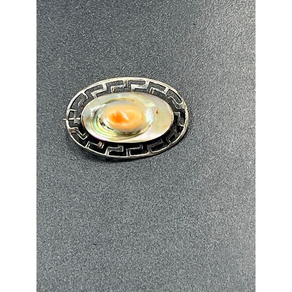 Vintage Sterling Silver Abalone Shell Brooch Pin Antique Greek Key Border - Picture 3 of 10